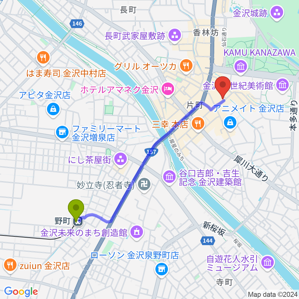 BIGBOSS金沢の最寄駅野町駅からの徒歩ルート（約20分）地図