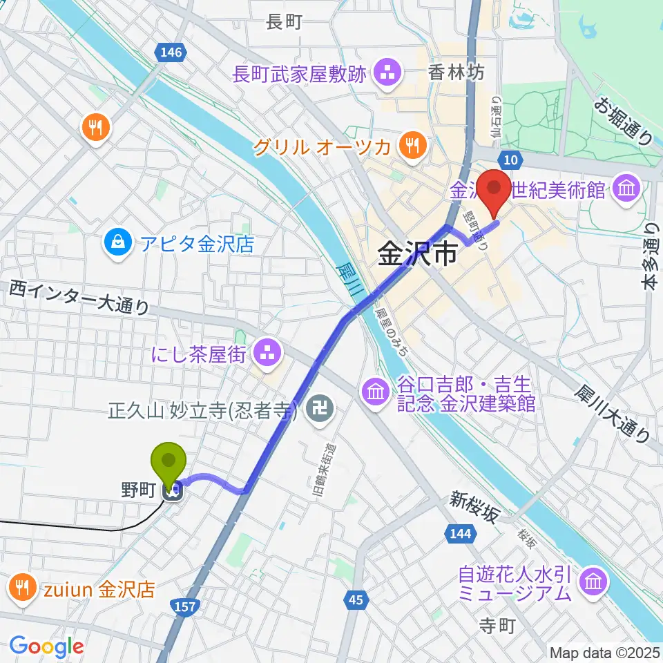 BIGBOSS金沢の最寄駅野町駅からの徒歩ルート（約20分）地図