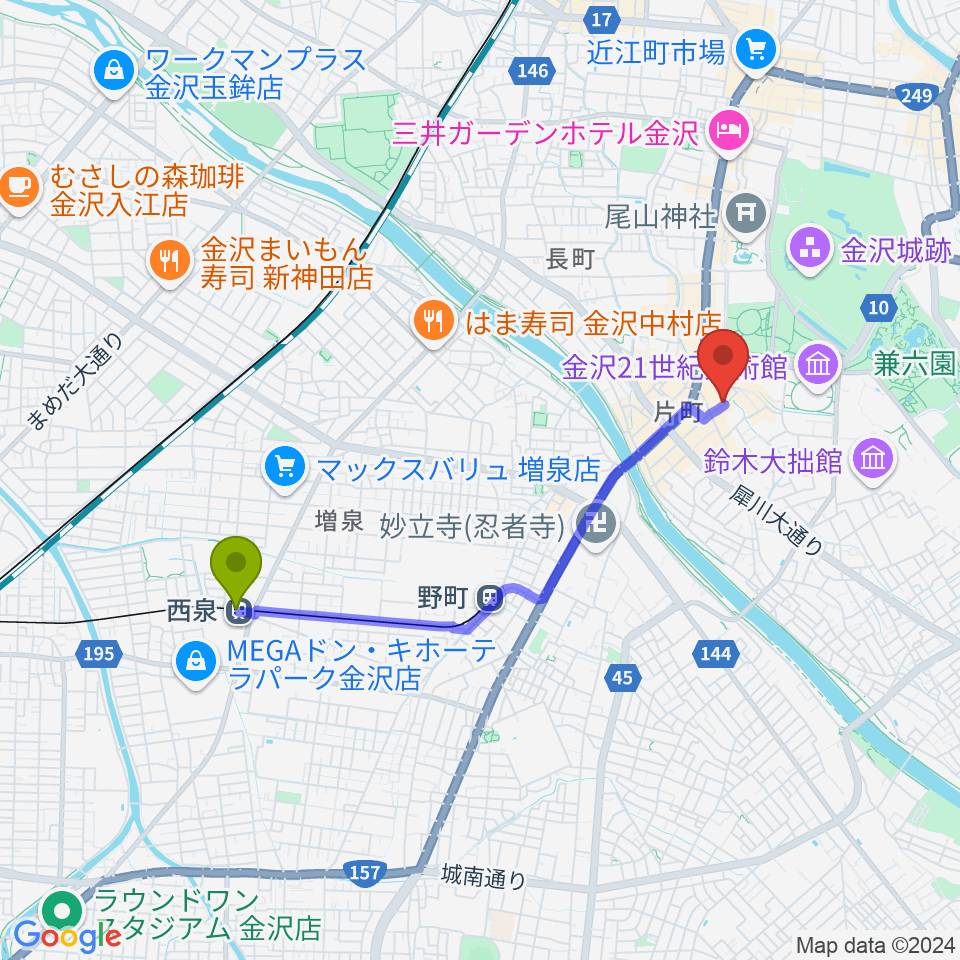 西泉駅からBIGBOSS金沢へのルートマップ地図