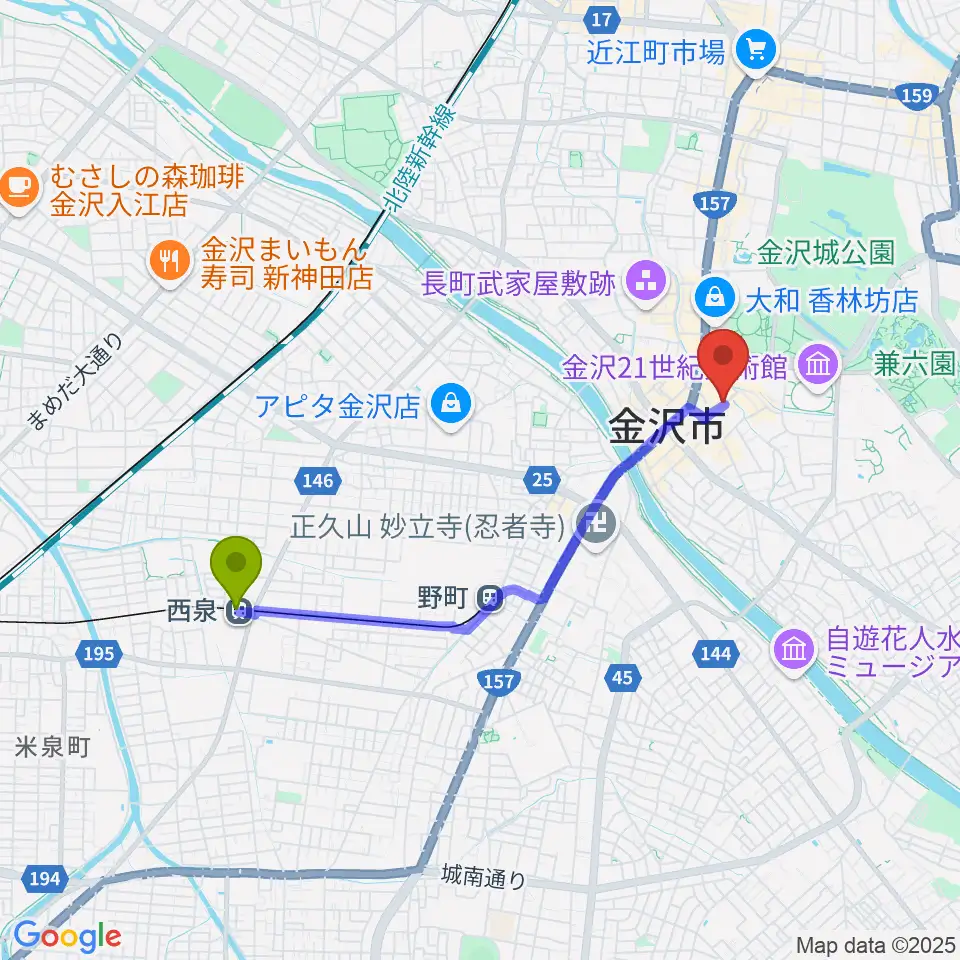 西泉駅からBIGBOSS金沢へのルートマップ地図
