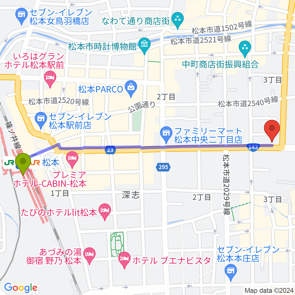 コダマ楽器の最寄駅松本駅からの徒歩ルート（約13分）地図