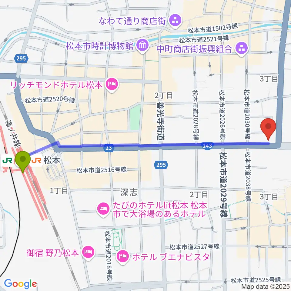 コダマ楽器の最寄駅松本駅からの徒歩ルート（約13分）地図