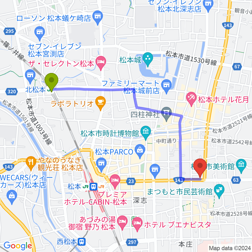 北松本駅からコダマ楽器へのルートマップ地図