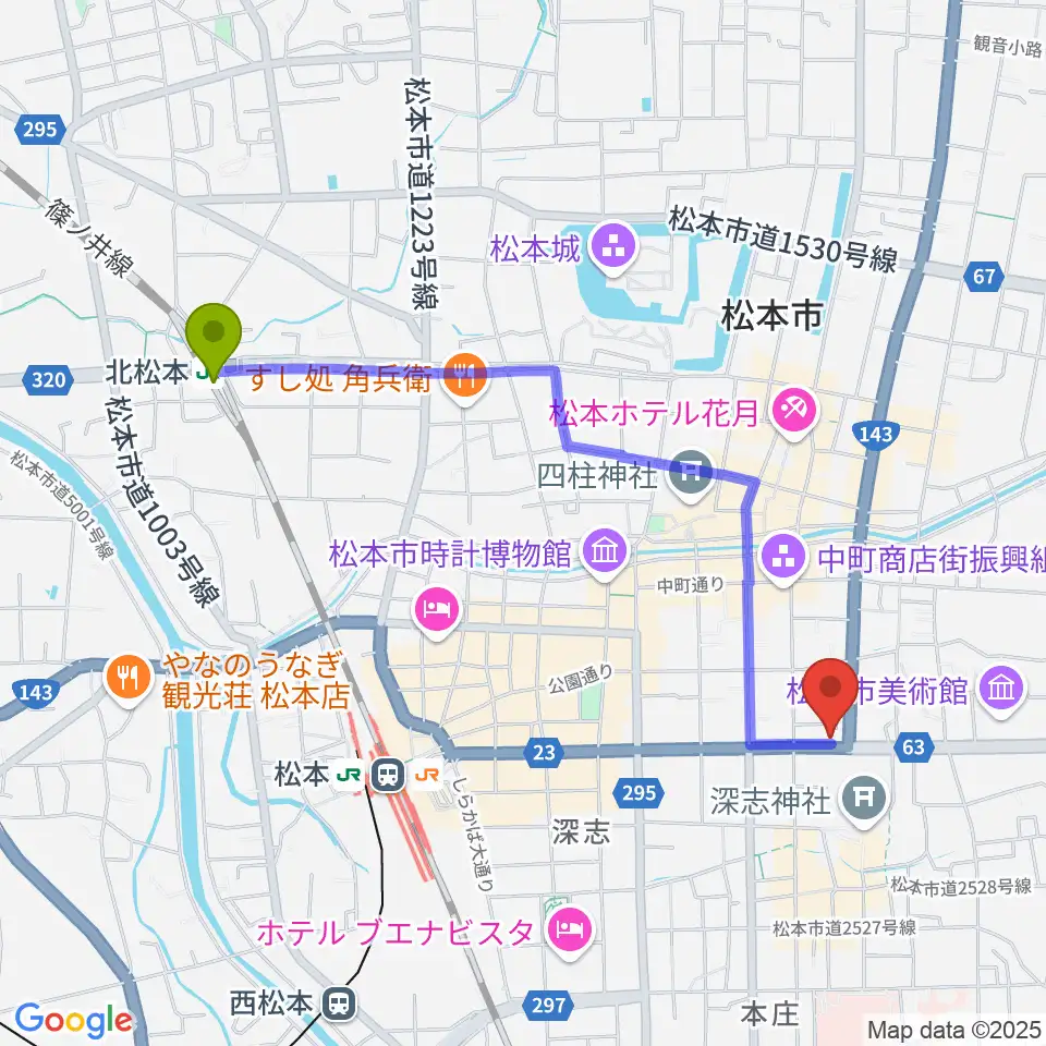 北松本駅からコダマ楽器へのルートマップ地図