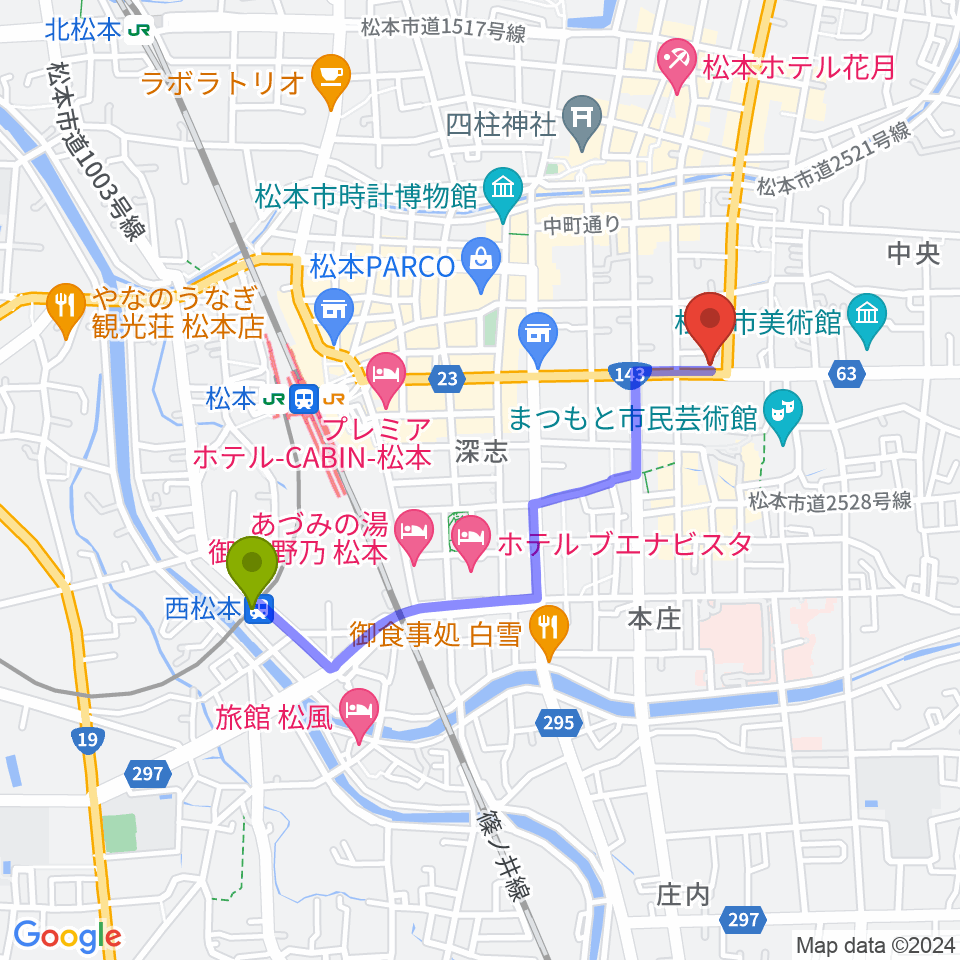 西松本駅からコダマ楽器へのルートマップ地図
