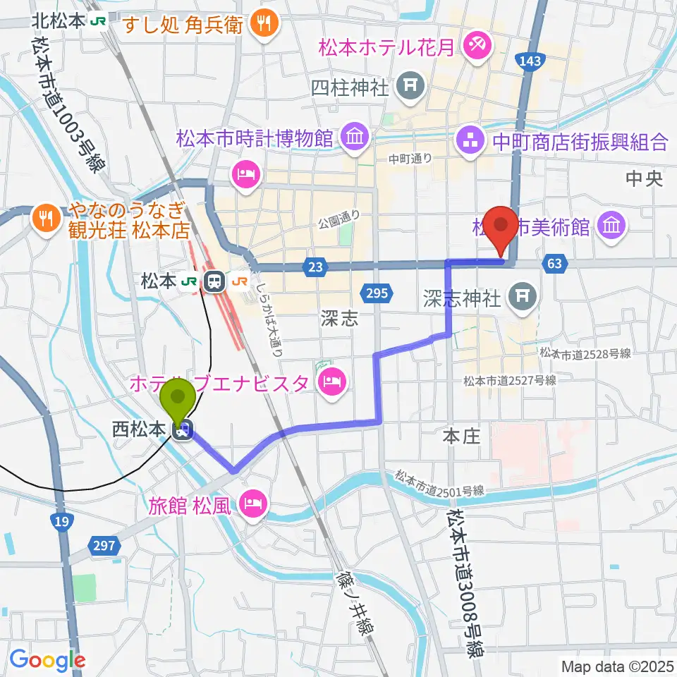 西松本駅からコダマ楽器へのルートマップ地図