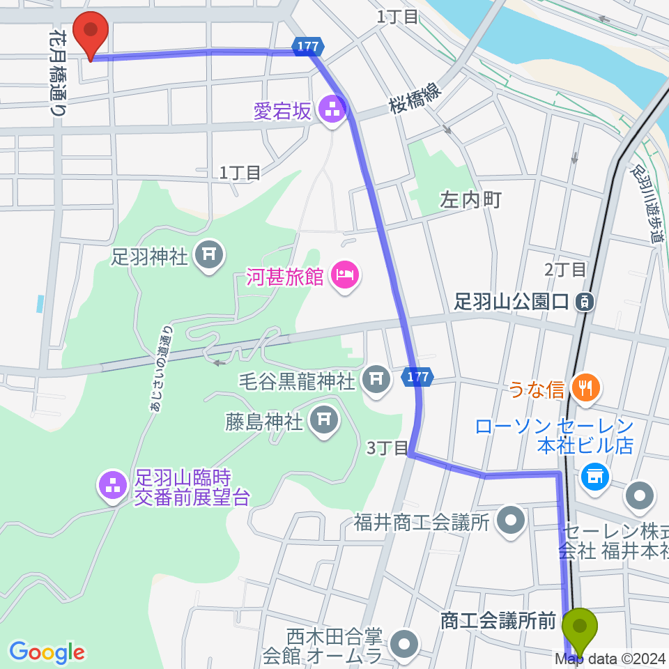 商工会議所前駅から市波音楽教室へのルートマップ地図