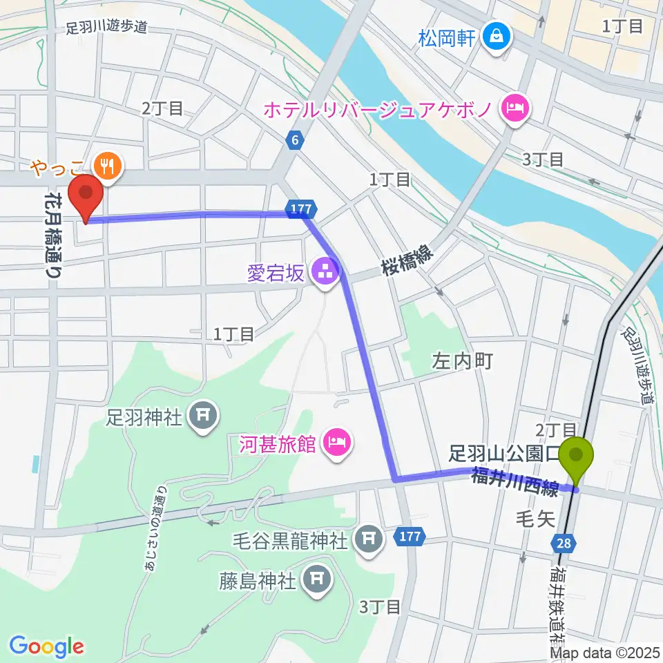 市波音楽教室の最寄駅足羽山公園口駅からの徒歩ルート（約13分）地図