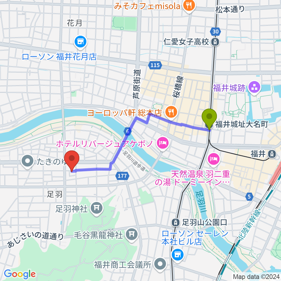 福井城址大名町駅から市波音楽教室へのルートマップ地図