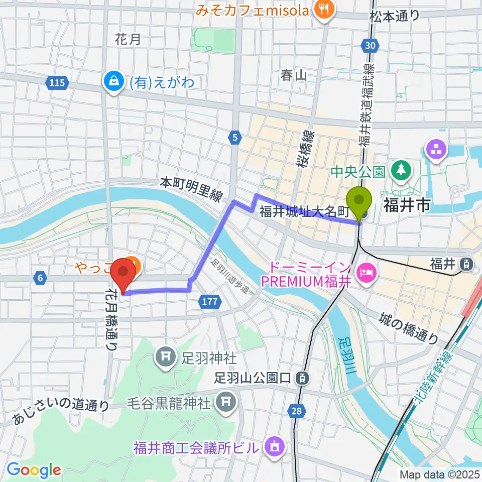 福井城址大名町駅から市波音楽教室へのルートマップ地図