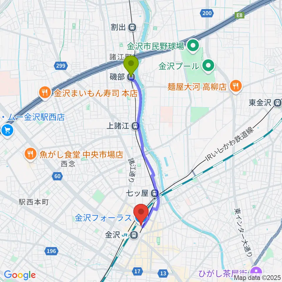 磯部駅から島村楽器 金沢フォーラス店へのルートマップ地図