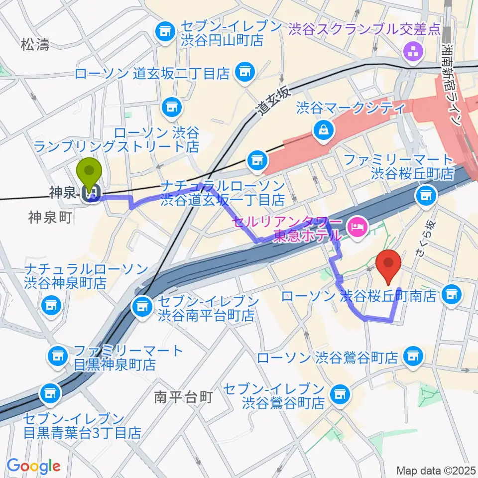 神泉駅から渋谷区文化総合センター大和田へのルートマップ地図