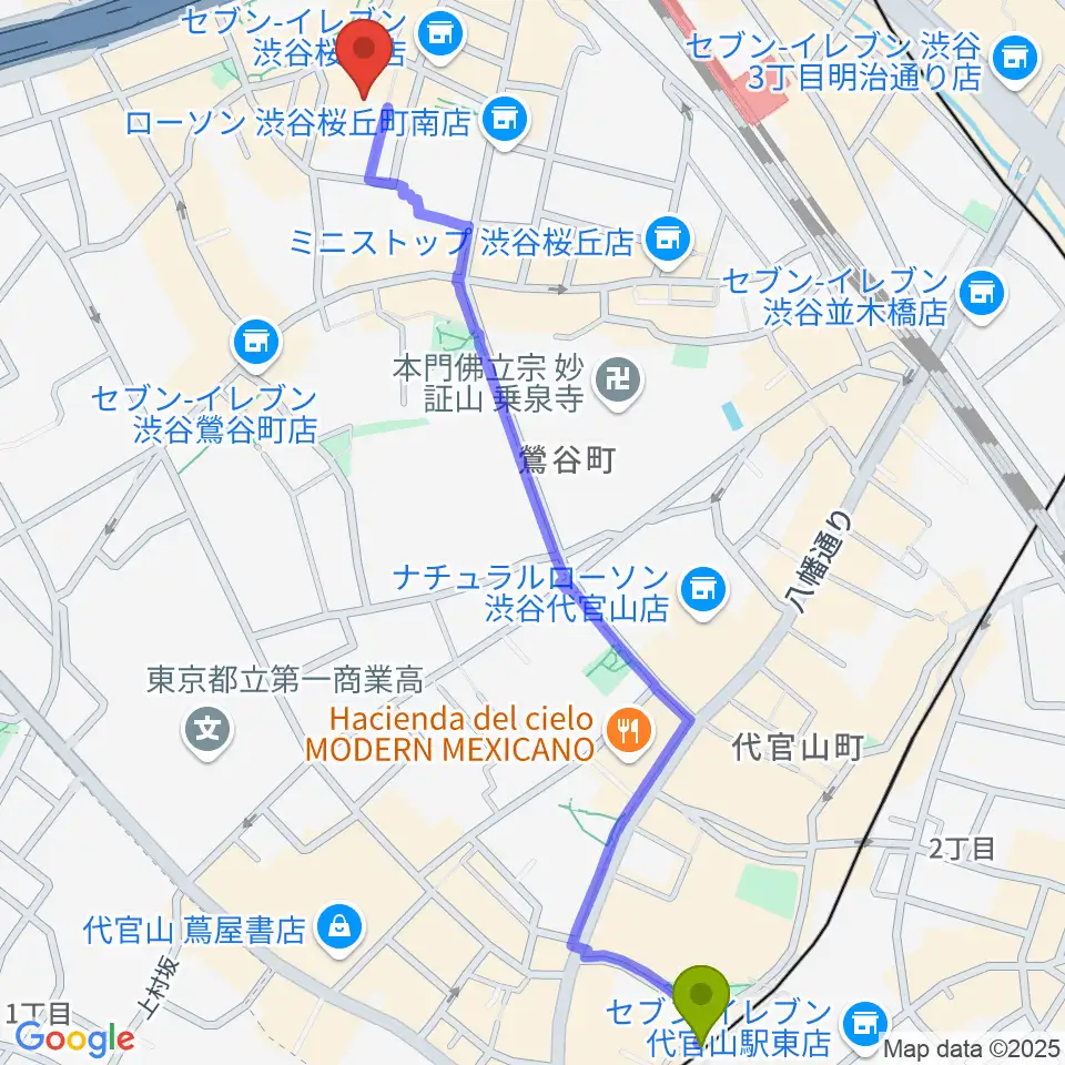 代官山駅から渋谷区文化総合センター大和田へのルートマップ地図