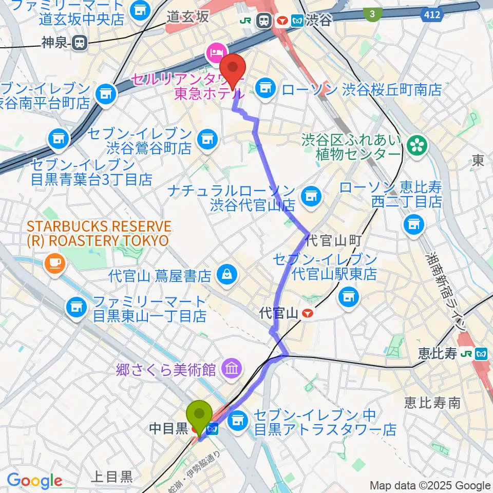 中目黒駅から渋谷区文化総合センター大和田へのルートマップ地図