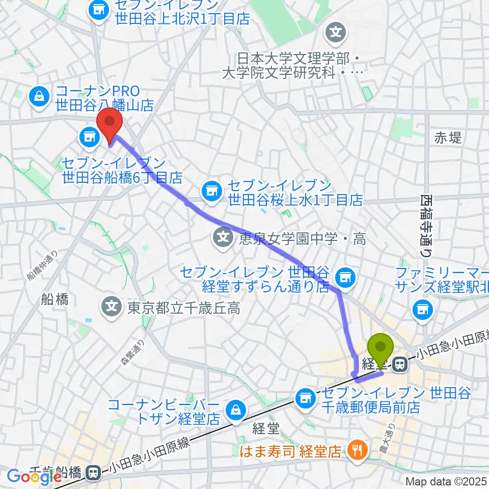経堂駅からタッドポウルスタジオ Part2へのルートマップ地図
