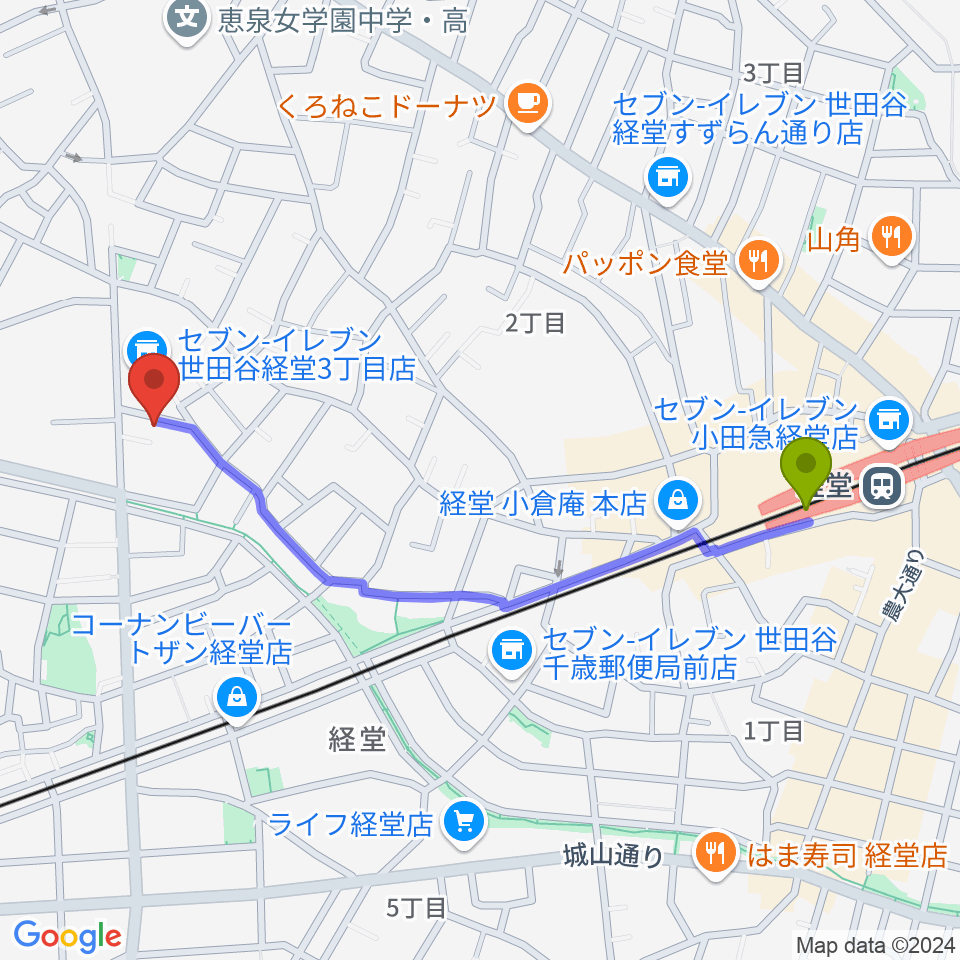 経堂駅からカルラホールへのルートマップ地図