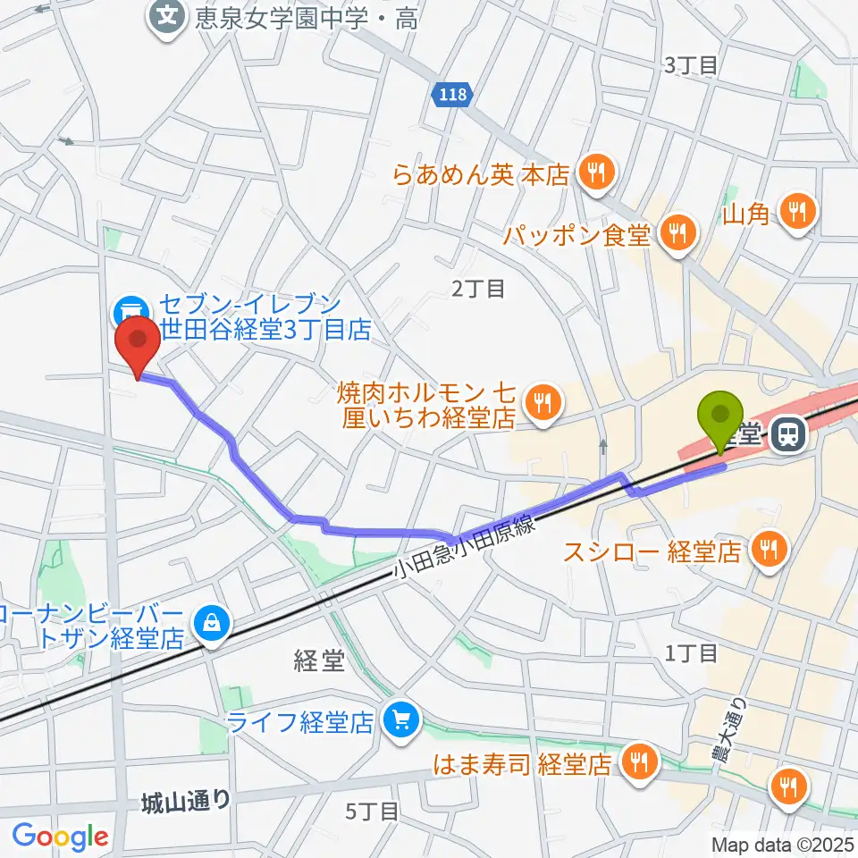経堂駅からカルラホールへのルートマップ地図