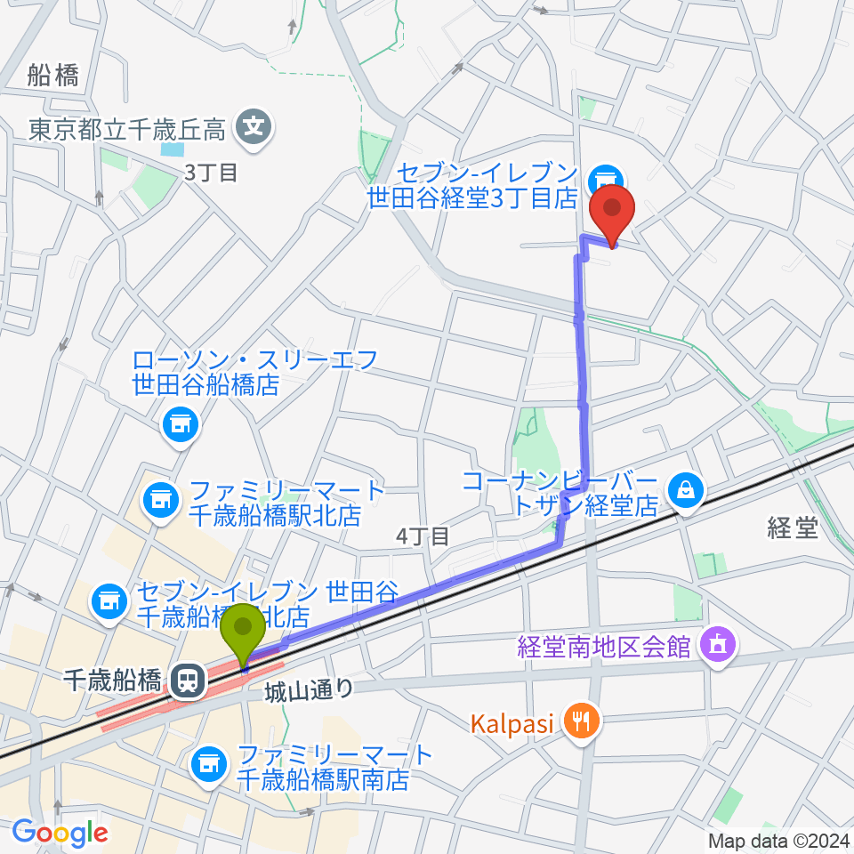 カルラホールの最寄駅千歳船橋駅からの徒歩ルート（約10分）地図