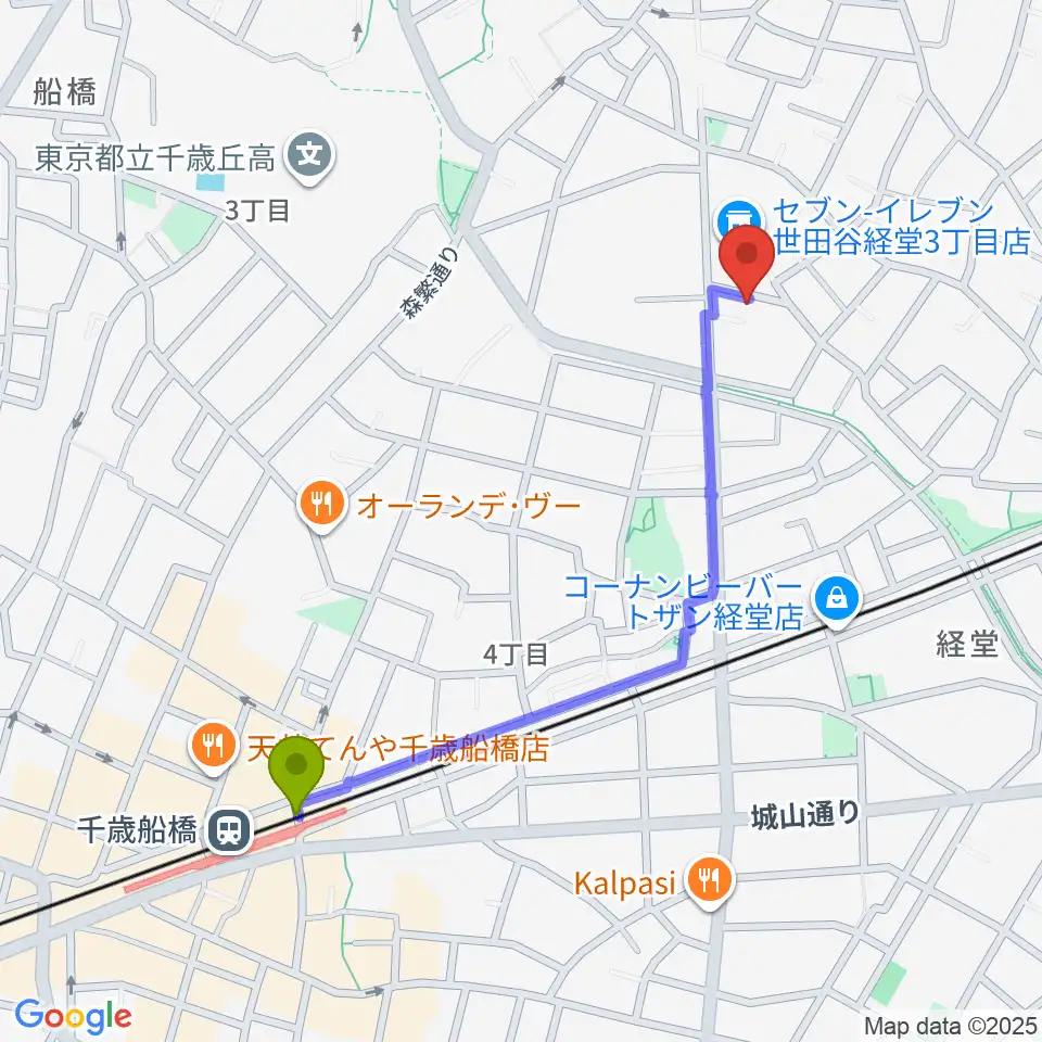 カルラホールの最寄駅千歳船橋駅からの徒歩ルート（約10分）地図