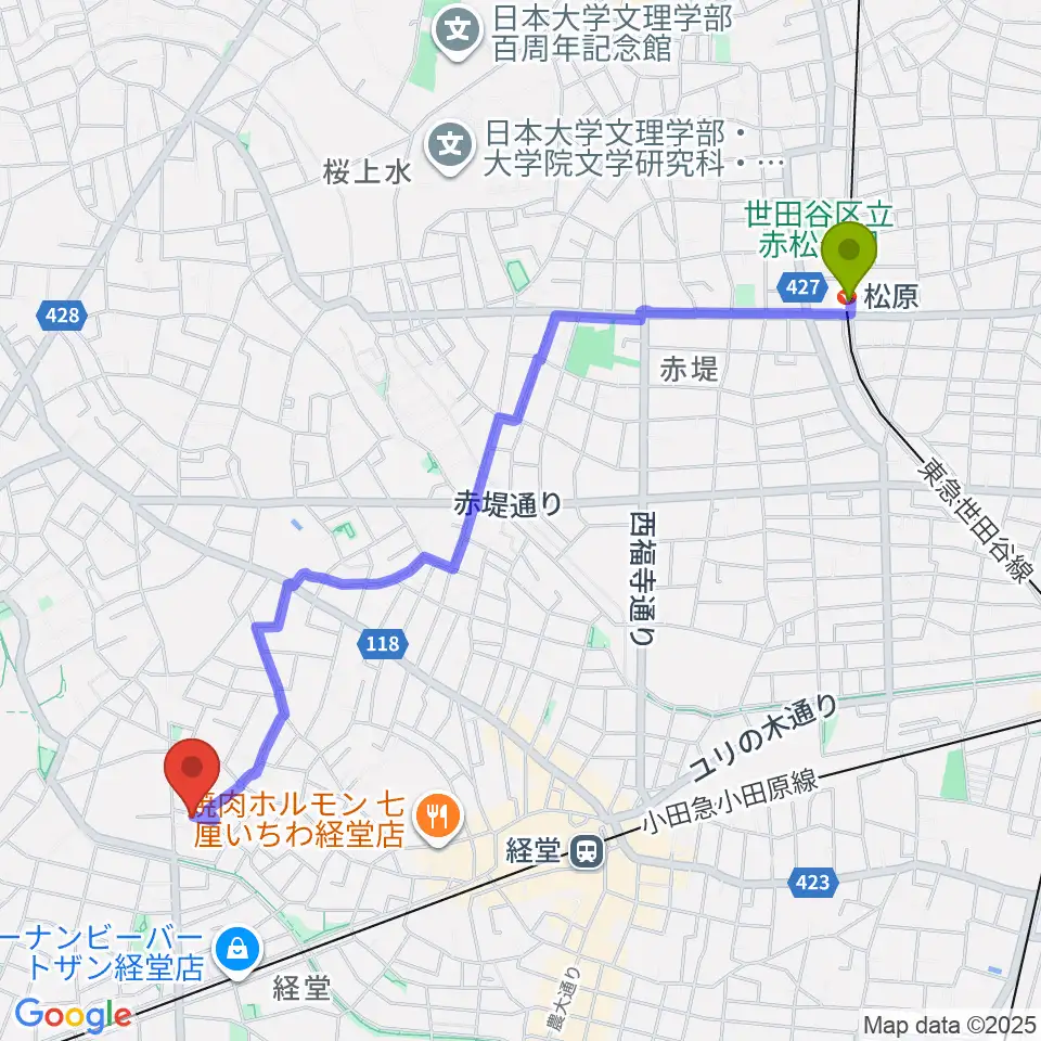 松原駅からカルラホールへのルートマップ地図