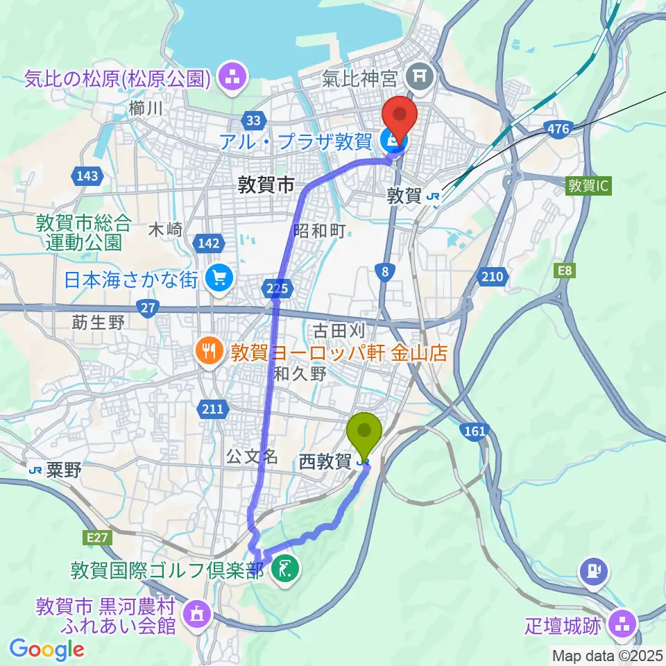 西敦賀駅からオーディオ渡辺へのルートマップ地図
