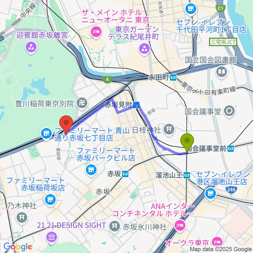 溜池山王駅から赤坂区民センターへのルートマップ地図