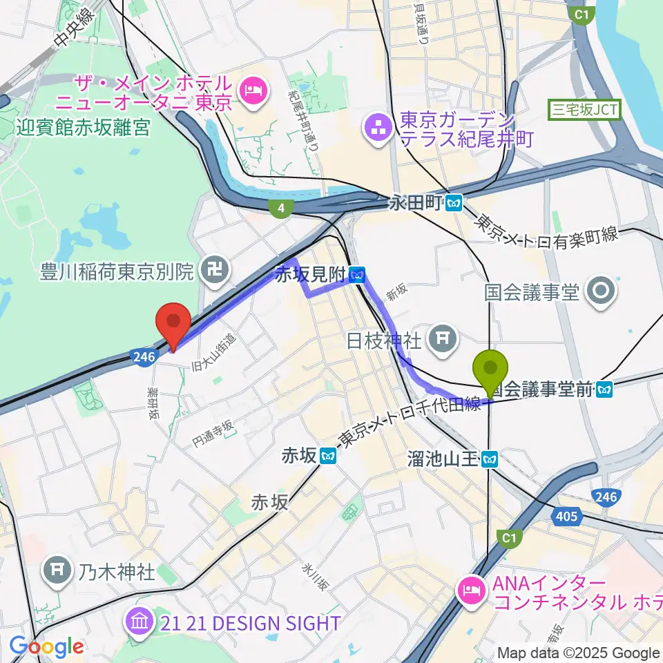 溜池山王駅から赤坂区民センターへのルートマップ地図