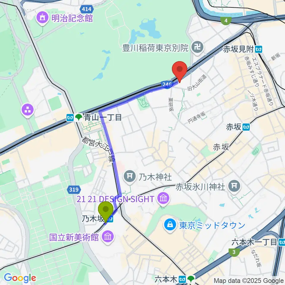 乃木坂駅から赤坂区民センターへのルートマップ地図