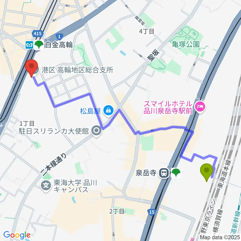 高輪ゲートウェイ駅から高輪区民センターへのルートマップ地図
