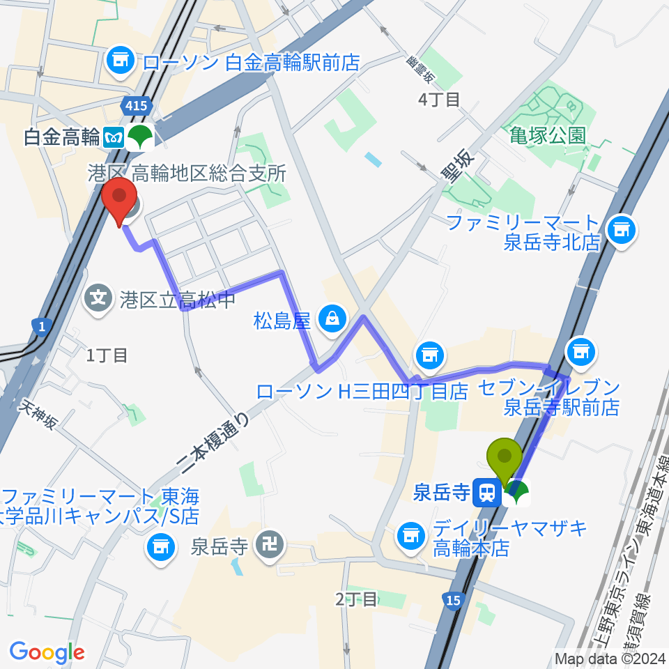 泉岳寺駅から高輪区民センターへのルートマップ地図