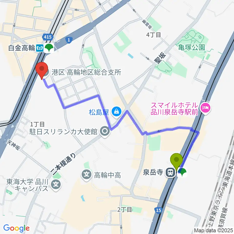 泉岳寺駅から高輪区民センターへのルートマップ地図
