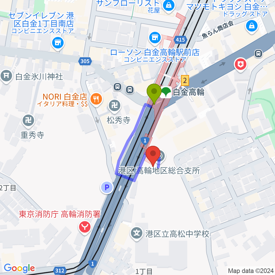 高輪区民センターの最寄駅白金高輪駅からの徒歩ルート（約2分）地図