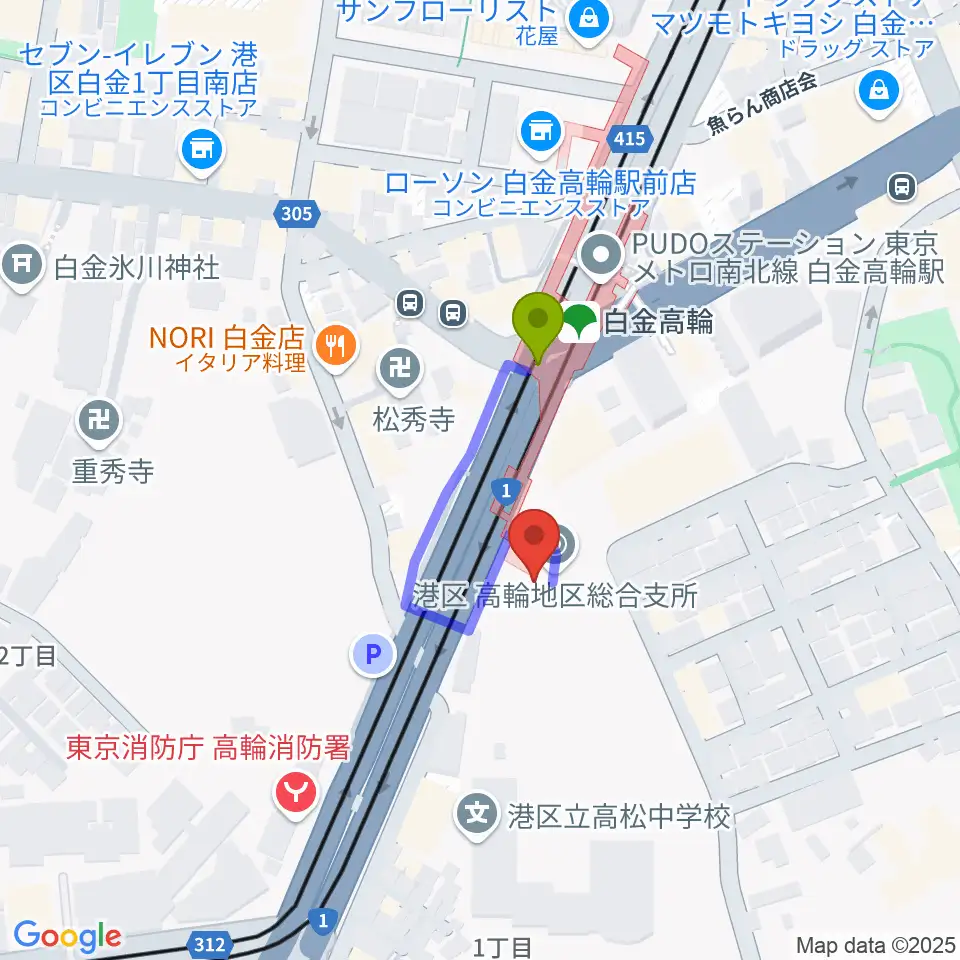 高輪区民センターの最寄駅白金高輪駅からの徒歩ルート（約2分）地図