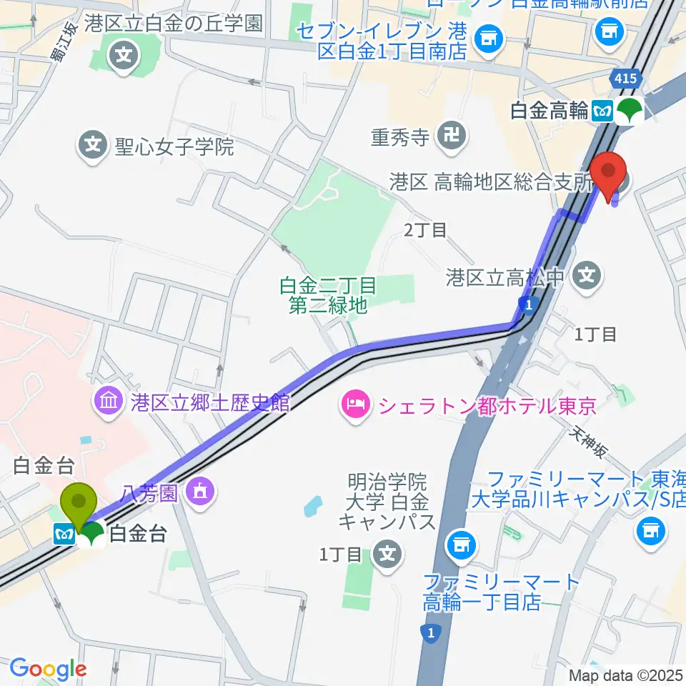白金台駅から高輪区民センターへのルートマップ地図