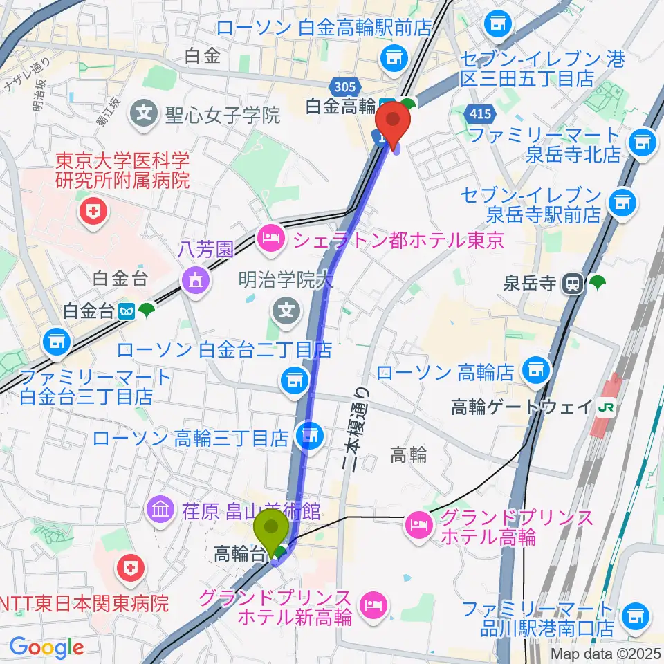 高輪台駅から高輪区民センターへのルートマップ地図