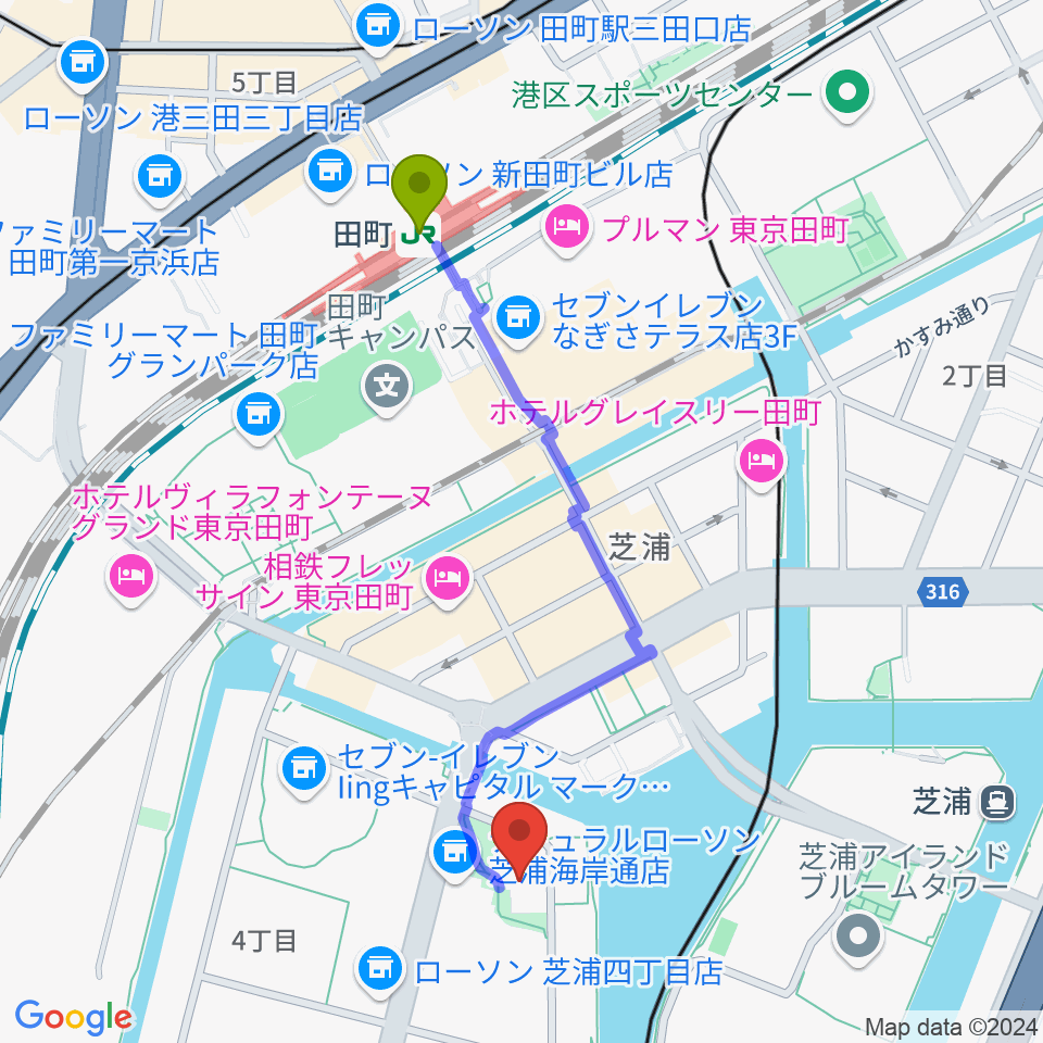芝浦港南区民センターの最寄駅田町駅からの徒歩ルート（約10分）地図