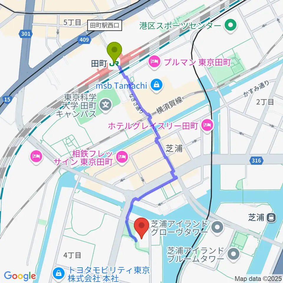 芝浦港南区民センターの最寄駅田町駅からの徒歩ルート（約10分）地図