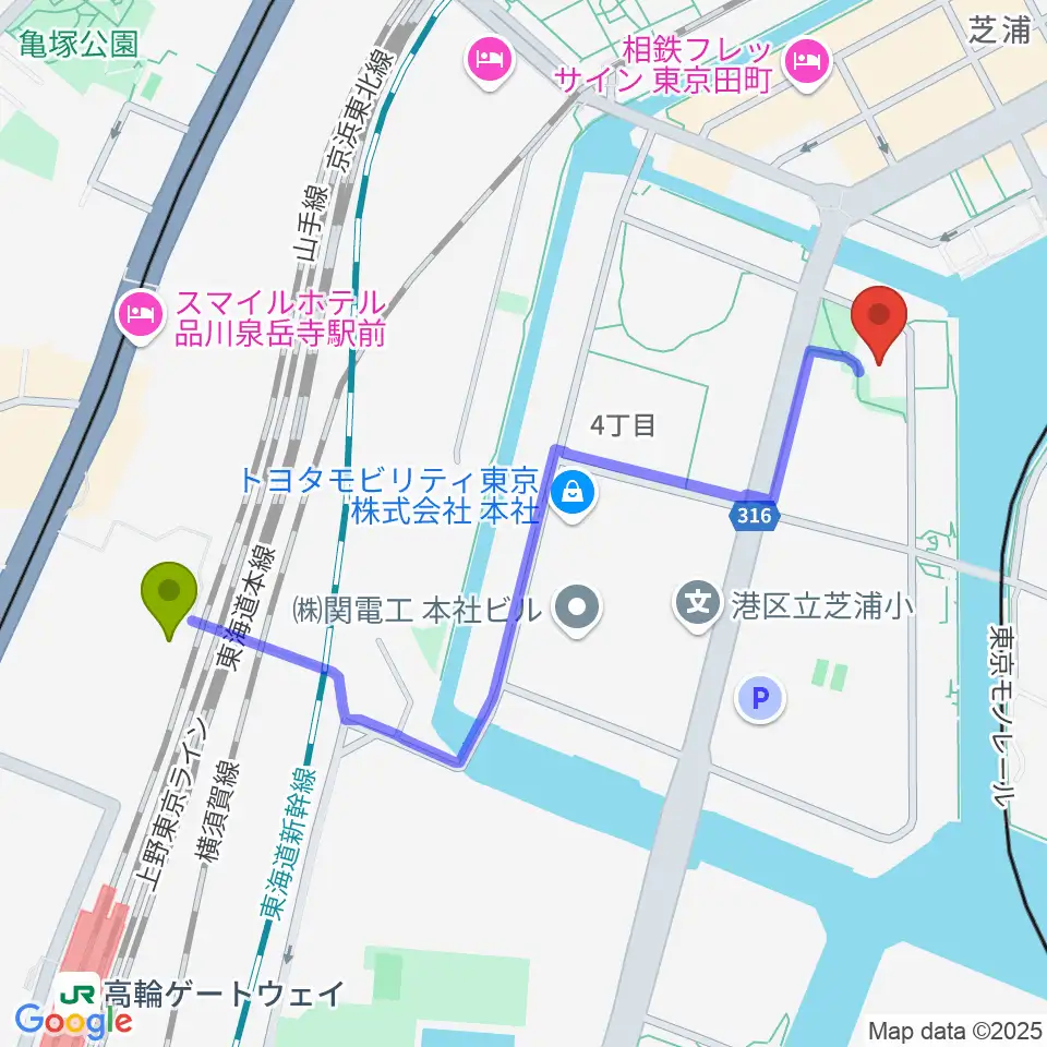 高輪ゲートウェイ駅から芝浦港南区民センターへのルートマップ地図