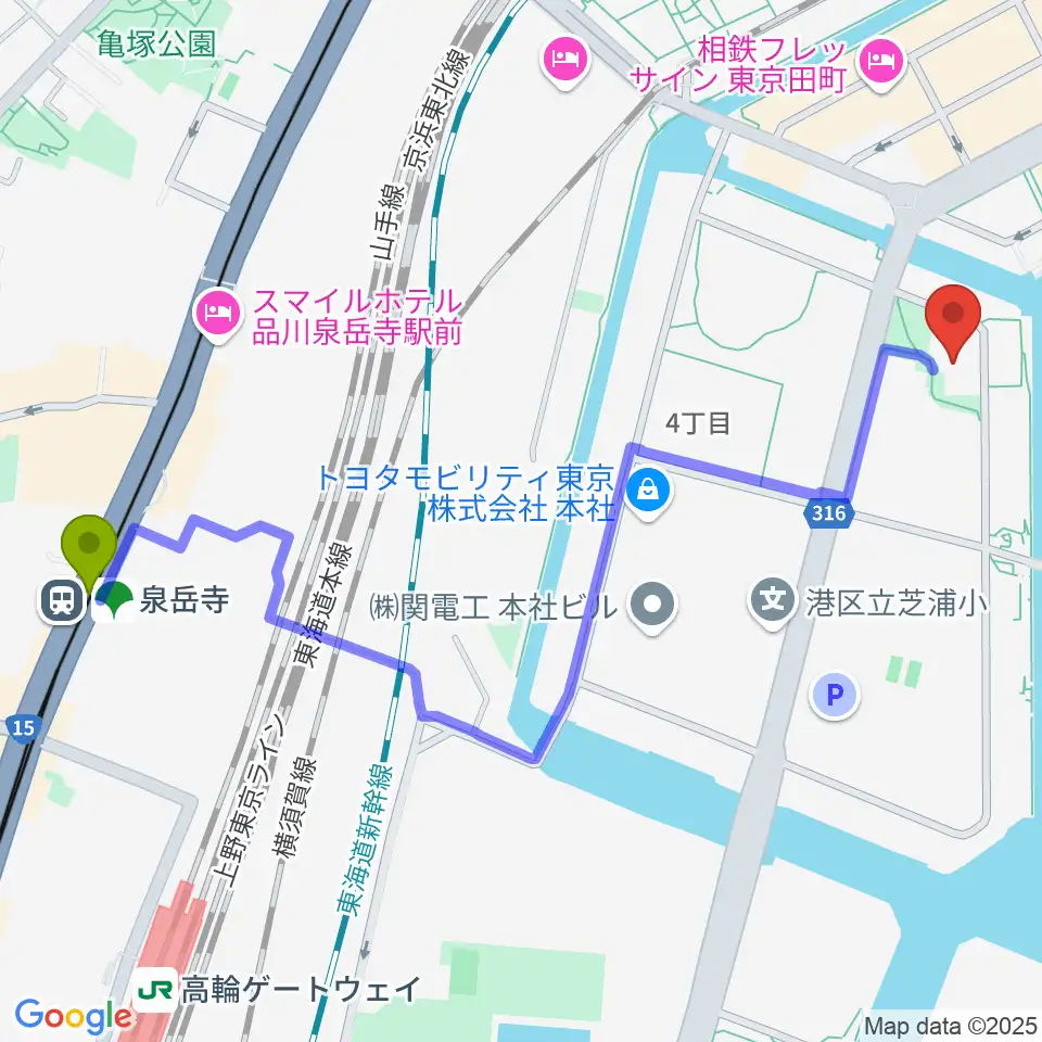 泉岳寺駅から芝浦港南区民センターへのルートマップ地図