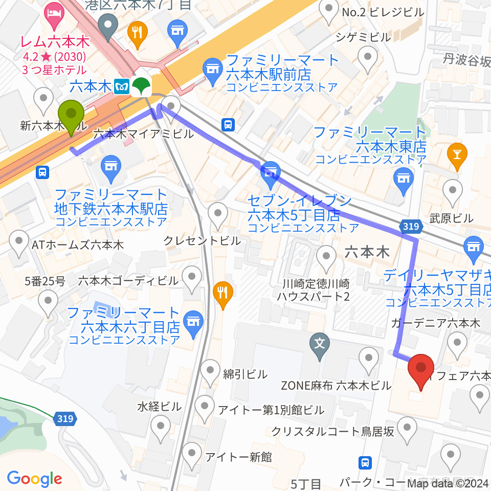 港区麻布区民センターの最寄駅六本木駅からの徒歩ルート（約7分）地図