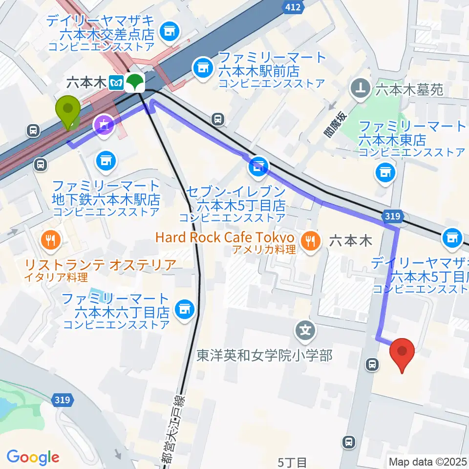 港区麻布区民センターの最寄駅六本木駅からの徒歩ルート（約7分）地図