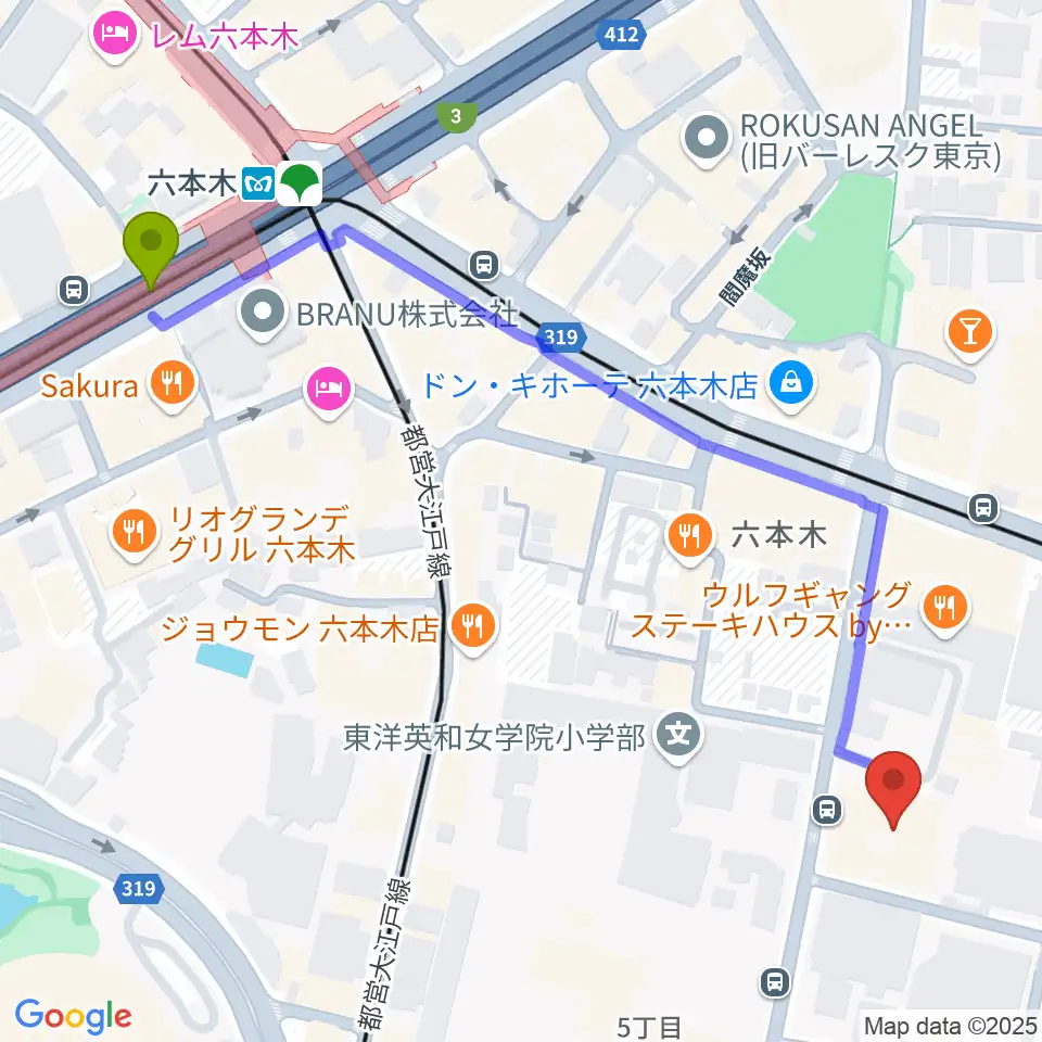港区麻布区民センターの最寄駅六本木駅からの徒歩ルート（約7分）地図