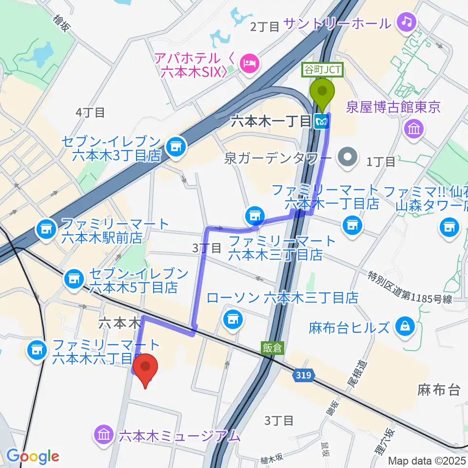 六本木一丁目駅から港区麻布区民センターへのルートマップ地図