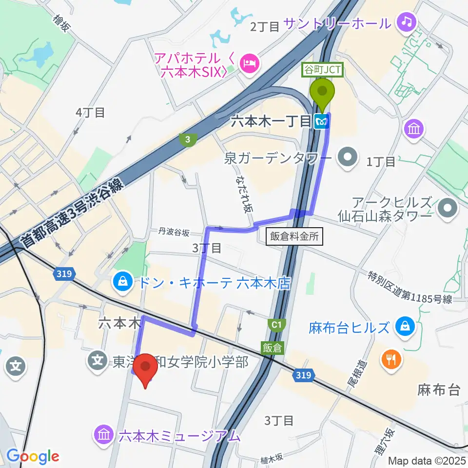 六本木一丁目駅から港区麻布区民センターへのルートマップ地図