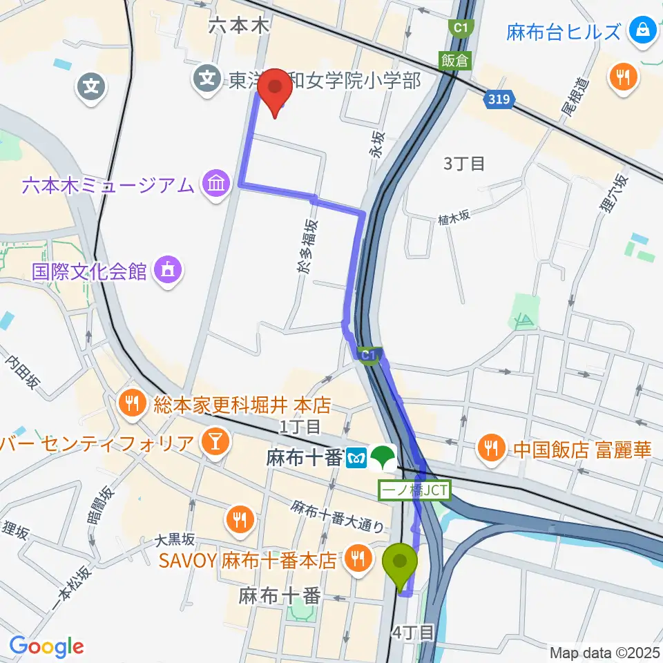 麻布十番駅から港区麻布区民センターへのルートマップ地図