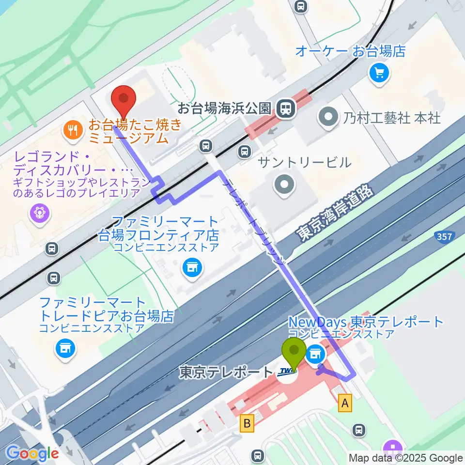 東京テレポート駅から港区立台場区民センターへのルートマップ地図