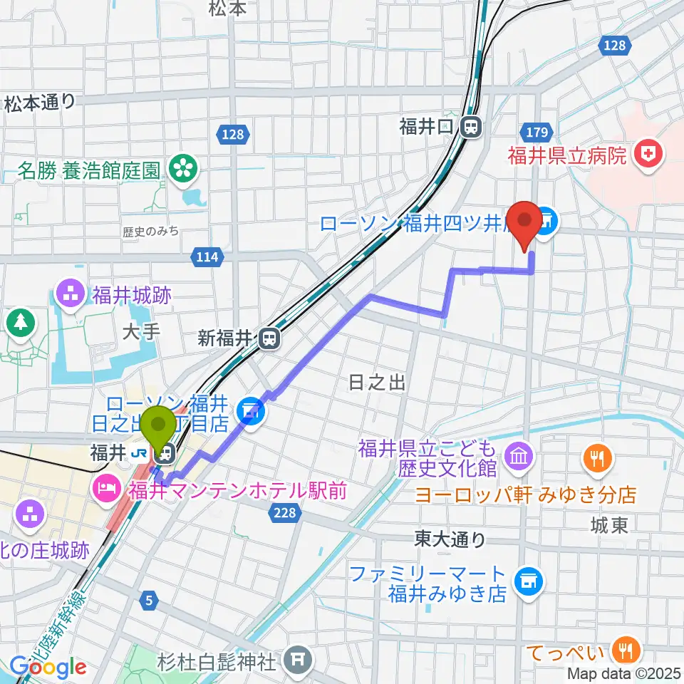 福井駅からMPC楽器センター福井へのルートマップ地図