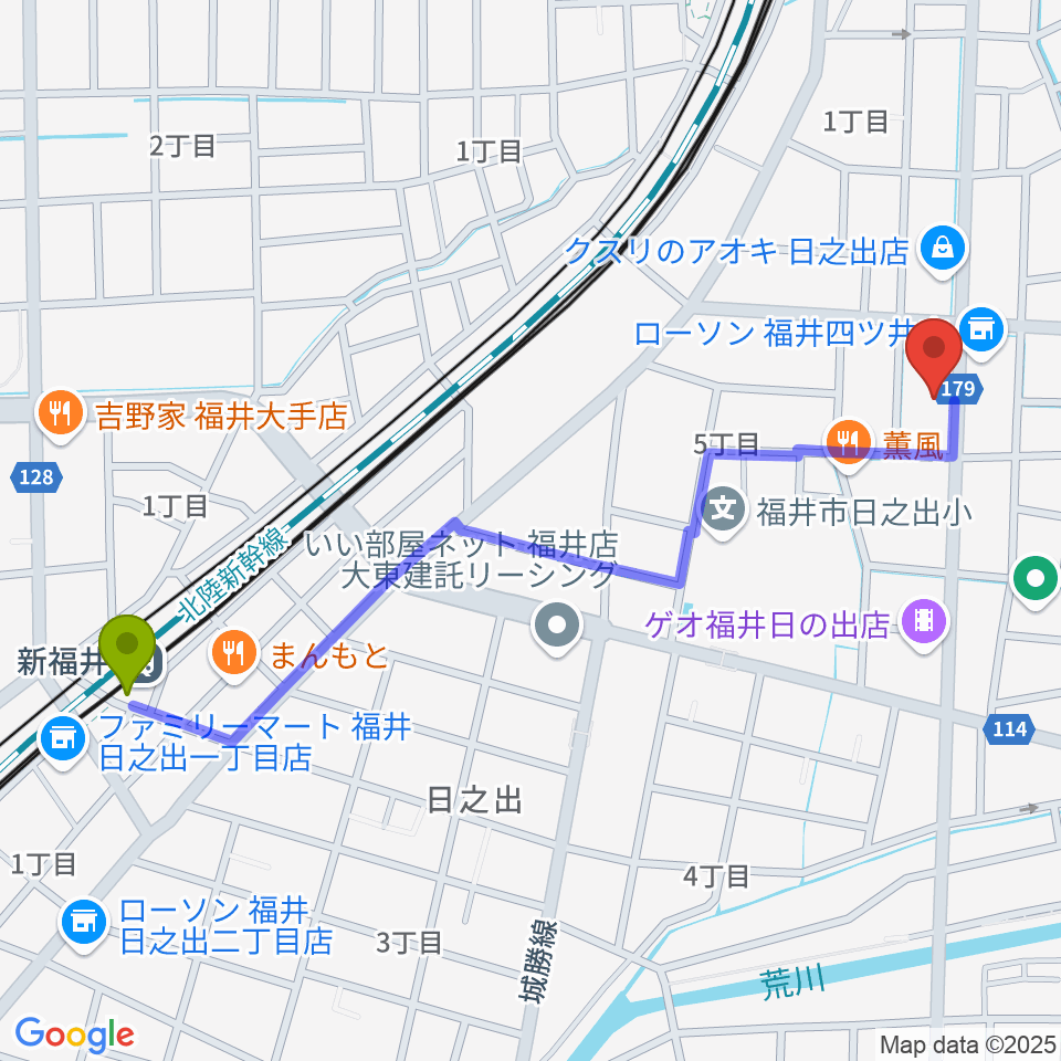 新福井駅からMPC楽器センター福井へのルートマップ地図