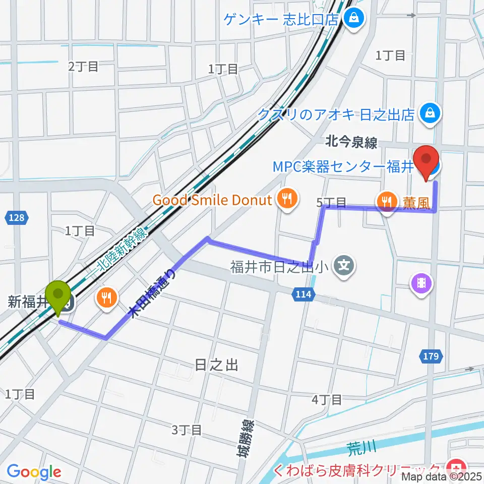 新福井駅からMPC楽器センター福井へのルートマップ地図