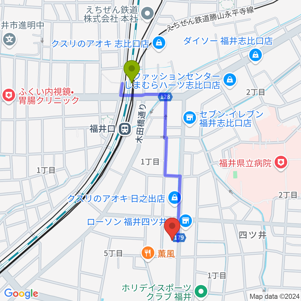 MPC楽器センター福井の最寄駅福井口駅からの徒歩ルート（約8分）地図